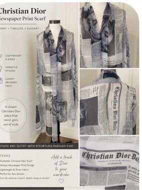 Dior Black & White Newspaper-Print Scarf rare vintage